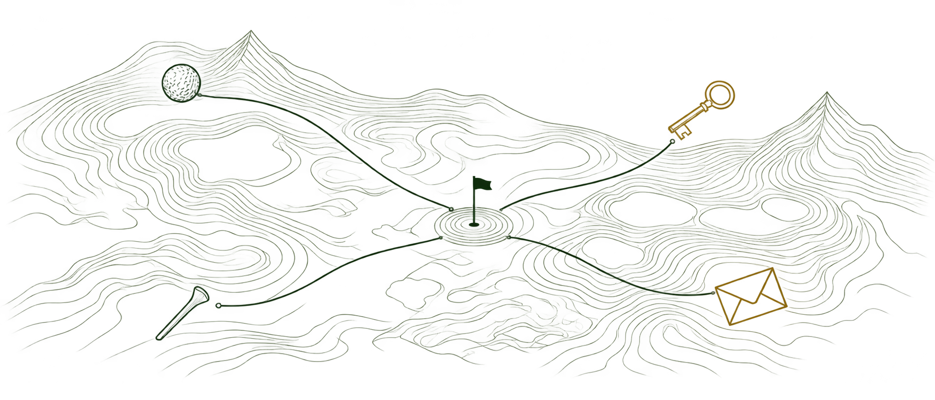 四条线索汇聚到同一座果岭的线描插图